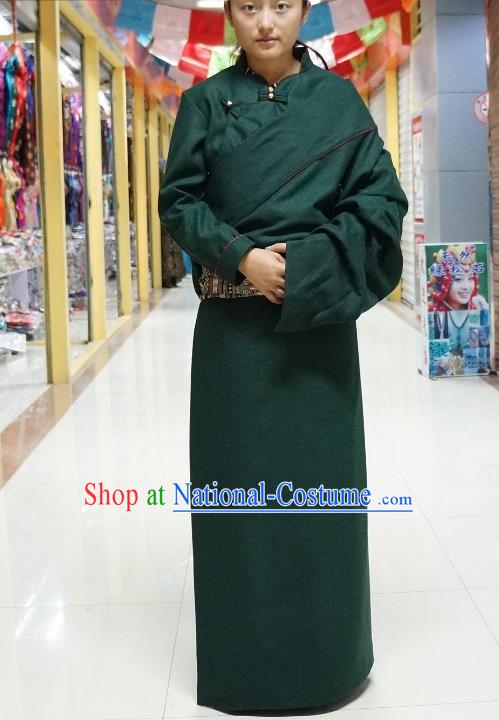 Chinese Zang Nationality Deep Green Tibetan Robe, China Traditional Tibetan Ethnic Heishui Dance Costume for Women