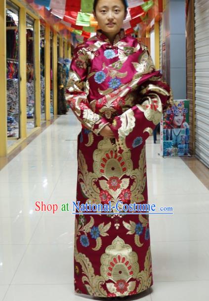 Chinese Zang Nationality Brocade Tibetan Robe, China Traditional Tibetan Ethnic Heishui Dance Costume for Women