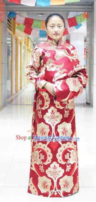 Chinese Zang Nationality Red Brocade Tibetan Robe, China Traditional Tibetan Ethnic Heishui Dance Costume for Women