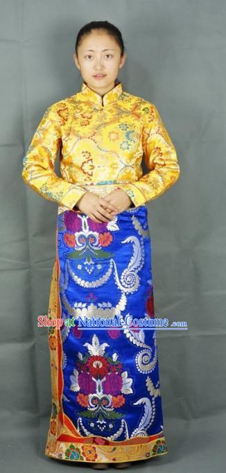 Chinese Zang Nationality Blue Brocade Tibetan Bust Skirt, China Traditional Tibetan Ethnic Heishui Dance Costume for Women