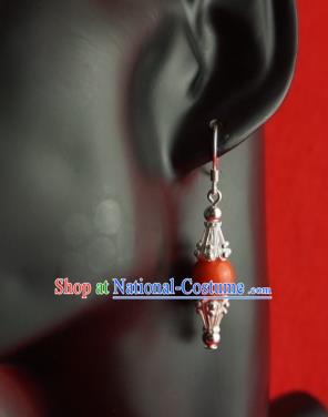 Chinese Traditional Zang Nationality Jewelry Accessories Sliver Earrings, China Tibetan Ethnic Red Bead Eardrop for Women