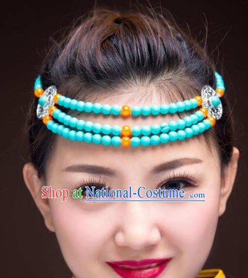 Traditional Chinese Mongol Nationality Hair Accessories, Mongolian Minority Blue Beads Headwear for Women