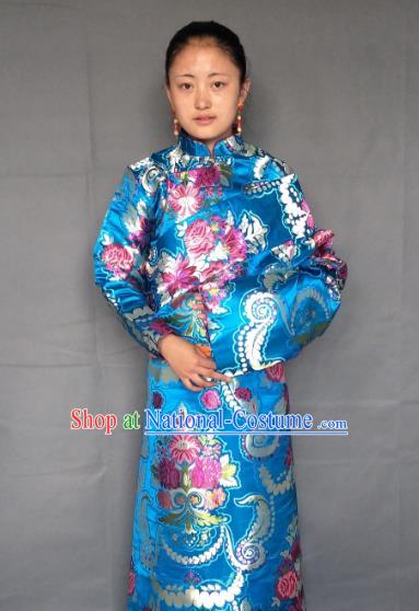 Chinese Zang Nationality Blue Tibetan Robe, China Traditional Tibetan Ethnic Heishui Dance Costume for Women