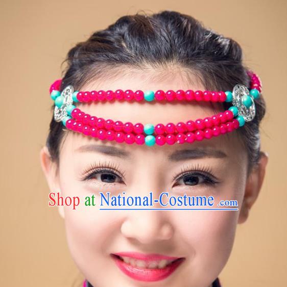 Traditional Chinese Mongol Nationality Hair Accessories, Mongolian Minority Rosy Beads Headwear for Women