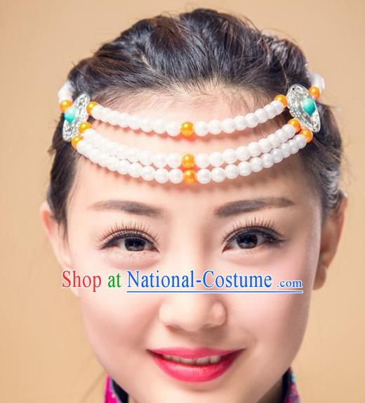 Traditional Chinese Mongol Nationality Hair Accessories, Mongolian Minority White Beads Headwear for Women