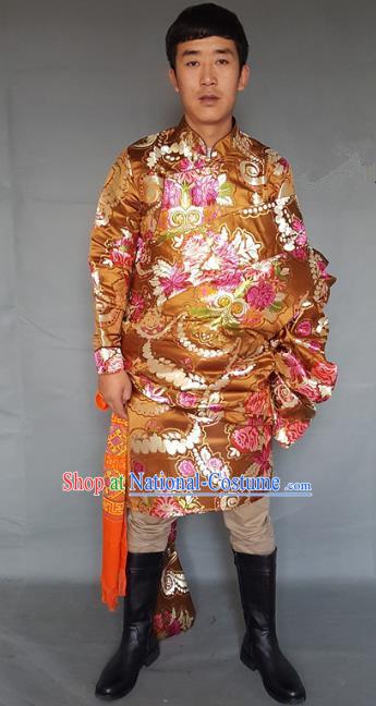 Chinese Traditional Zang Nationality Wedding Golden Tibetan Robe, China Tibetan Ethnic Heishui Dance Costume for Men