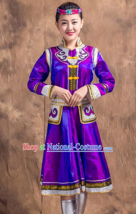 Traditional Chinese Mongol Nationality Costume, Mongolian Female Folk Dance Purple Dress Clothing for Women