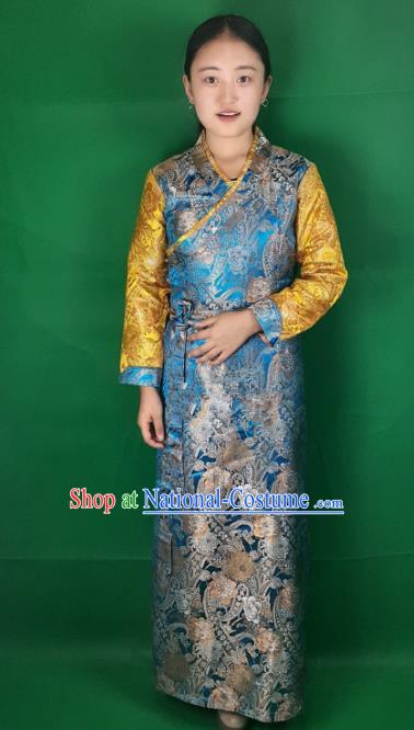 Chinese Zang Nationality Blue Dress, China Traditional Tibetan Ethnic Heishui Dance Costume for Women