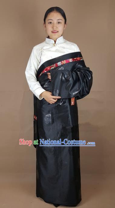 Chinese Zang Nationality Black Brocade Tibetan Robe, China Traditional Tibetan Ethnic Costume for Women