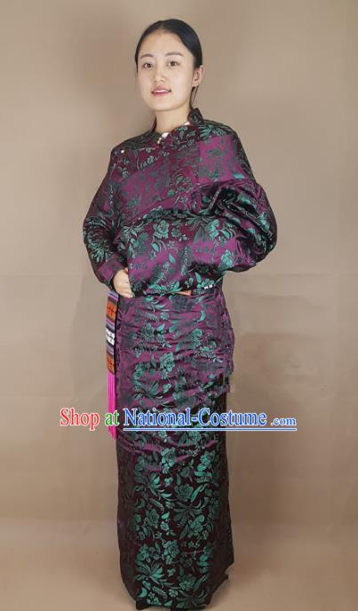 Chinese Zang Nationality Deep Purple Brocade Tibetan Robe, China Traditional Tibetan Ethnic Costume for Women