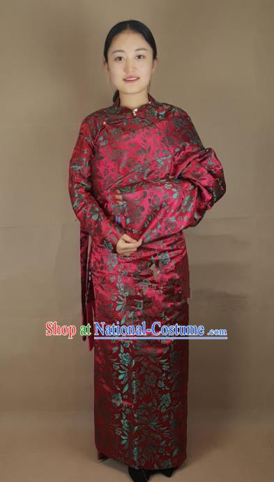 Chinese Zang Nationality Red Brocade Tibetan Robe, China Traditional Tibetan Ethnic Costume for Women