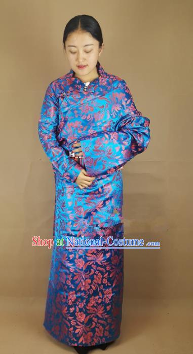 Chinese Zang Nationality Blue Brocade Tibetan Robe, China Traditional Tibetan Ethnic Costume for Women