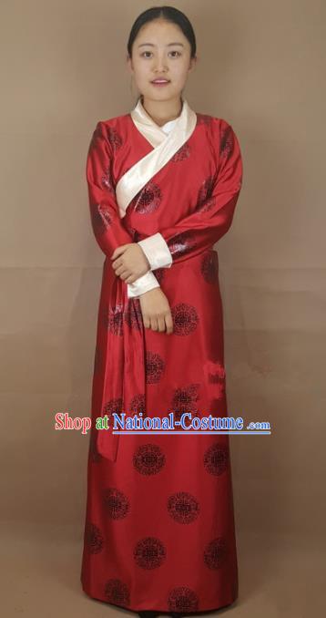 Chinese Zang Nationality Folk Dance Red Brocade Tibetan Robe, China Traditional Tibetan Ethnic Costume for Women