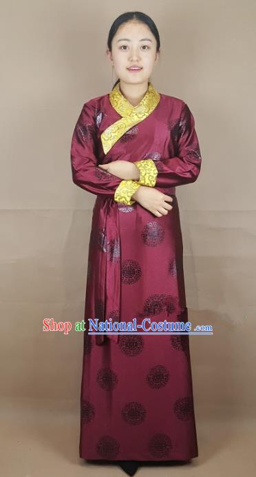 Chinese Zang Nationality Folk Dance Wine Red Brocade Tibetan Robe, China Traditional Tibetan Ethnic Costume for Women