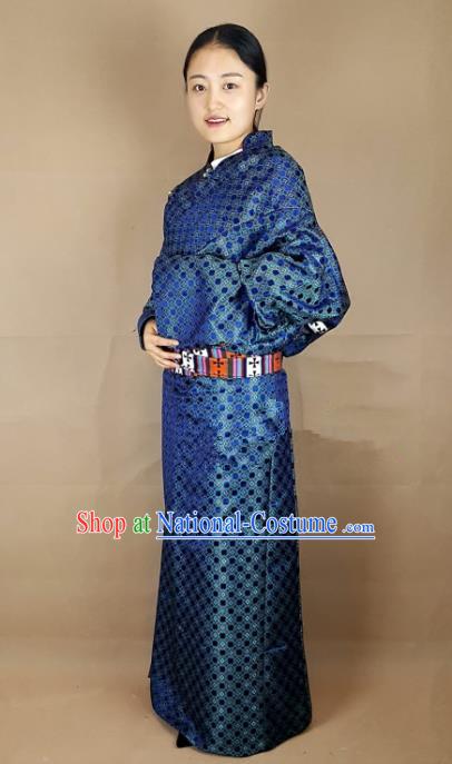 Chinese Zang Nationality Folk Dance Royalblue Brocade Tibetan Robe, China Traditional Tibetan Ethnic Costume for Women