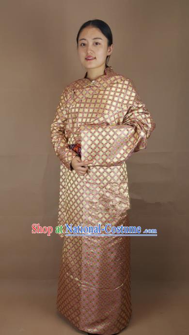 Chinese Zang Nationality Folk Dance Golden Brocade Tibetan Robe, China Traditional Tibetan Ethnic Costume for Women