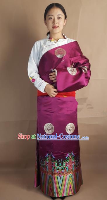 Chinese Zang Nationality Folk Dance Purple Brocade Tibetan Robe, China Traditional Tibetan Ethnic Costume for Women