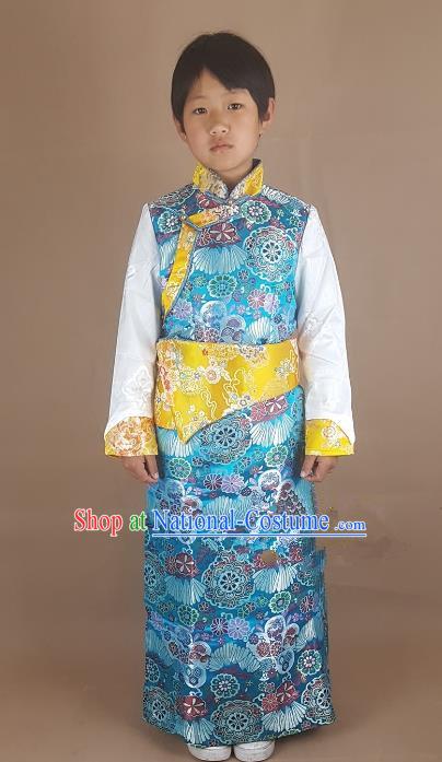 Chinese Traditional Zang Nationality Children Blue Tibetan Robe, China Tibetan Ethnic Heishui Dance Costume for Kids