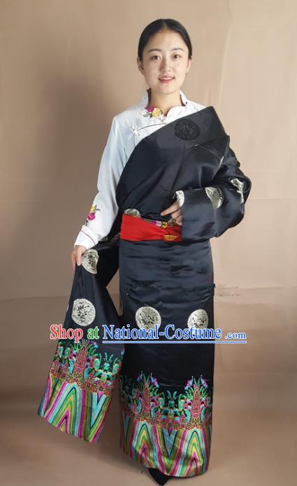 Chinese Zang Nationality Folk Dance Black Brocade Tibetan Robe, China Traditional Tibetan Ethnic Costume for Women