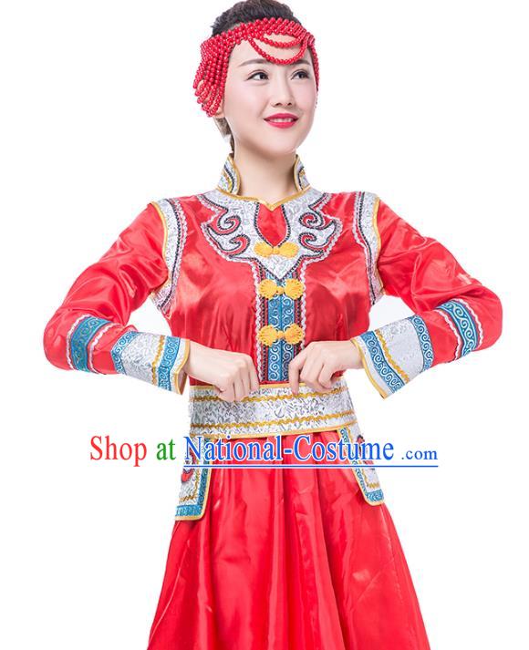 Traditional Chinese Mongol Nationality Costume, Mongolian Female Folk Dance Red Dress Clothing for Women