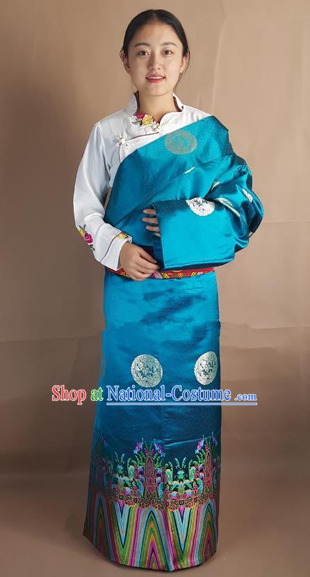 Chinese Zang Nationality Folk Dance Peacock Blue Brocade Tibetan Robe, China Traditional Tibetan Ethnic Costume for Women