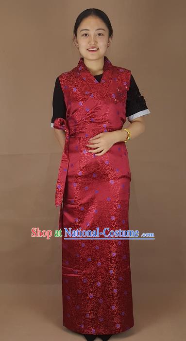 Chinese Zang Nationality Folk Dance Purplish Red Brocade Dress, China Traditional Tibetan Ethnic Costume for Women