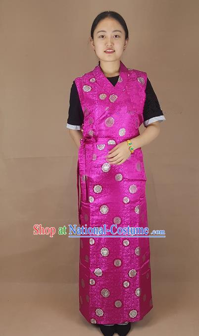 Chinese Zang Nationality Folk Dance Rosy Brocade Dress, China Traditional Tibetan Ethnic Costume for Women