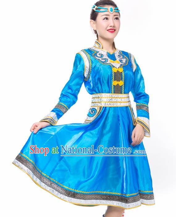 Traditional Chinese Mongol Nationality Costume, Mongolian Female Folk Dance Blue Dress Clothing for Women