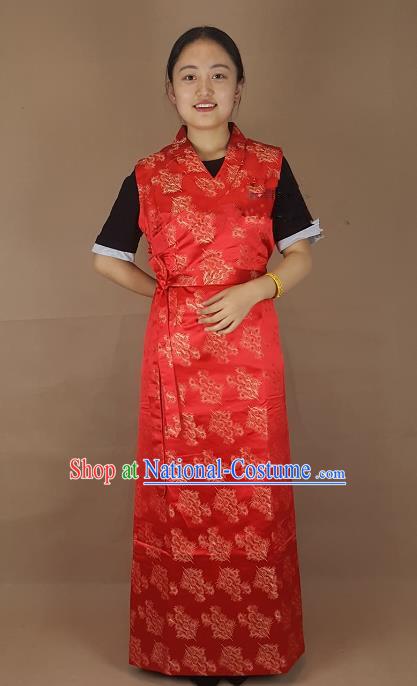 Chinese Zang Nationality Folk Dance Red Dress, China Traditional Tibetan Ethnic Costume for Women