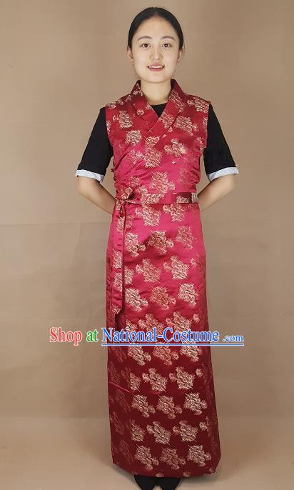 Chinese Zang Nationality Folk Dance Purplish Red Dress, China Traditional Tibetan Ethnic Costume for Women