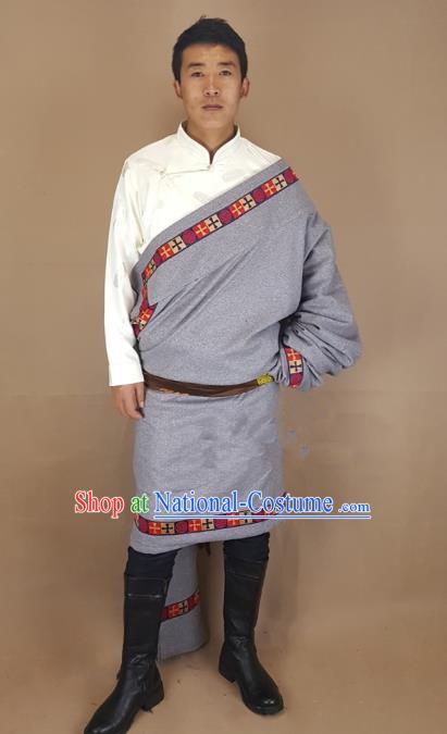 Chinese Traditional Zang Nationality Grey Tibetan Robe, China Tibetan Ethnic Heishui Dance Costume for Men