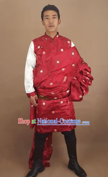 Chinese Traditional Zang Nationality Red Tibetan Robe, China Tibetan Ethnic Folk Dance Costume for Men