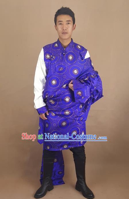 Chinese Traditional Zang Nationality Royalblue Tibetan Robe, China Tibetan Ethnic Folk Dance Costume for Men