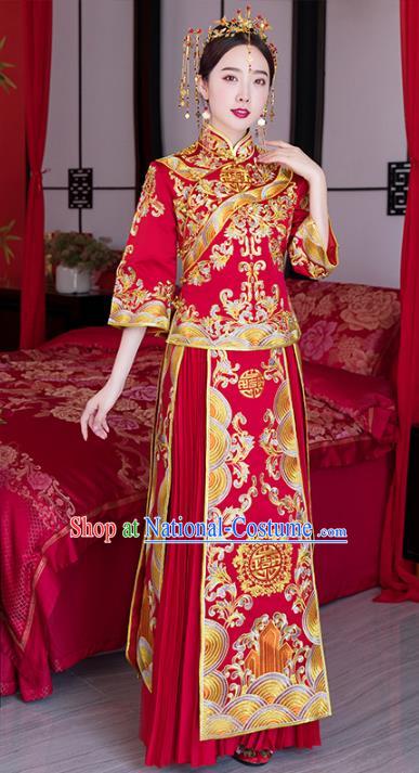 Chinese Ancient Wedding Costume Traditional Bride Xiuhe Suit Embroidered Peony Red Full Dress for Women