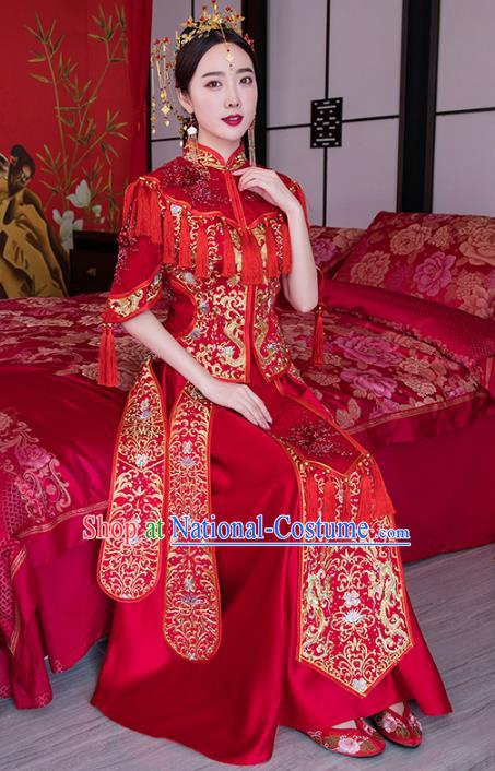 Chinese Ancient Wedding Costume Traditional Bride Xiuhe Suit Embroidered Red Full Dress for Women