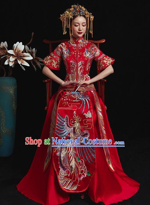 Chinese Traditional Wedding Costume Ancient Bride Xiuhe Suit Embroidered Red Full Dress for Women