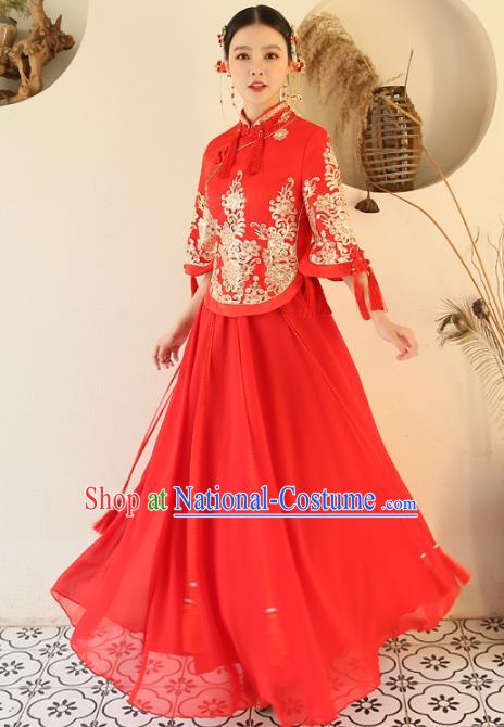 Chinese Traditional Wedding Red Costume Ancient Bride Embroidered Xiuhe Suit Full Dress for Women