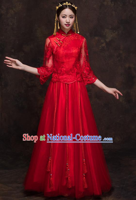 Chinese Traditional Wedding Red Lace Costume Ancient Bride Embroidered Xiuhe Suit Full Dress for Women