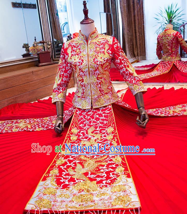 Chinese Traditional Wedding Toast Costume Ancient Bride Embroidered Xiuhe Suit Red Full Dress for Women