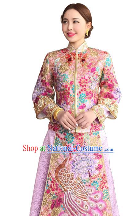 Chinese Traditional Wedding Toast Costume Ancient Bride Embroidered Beads Xiuhe Suit Full Dress for Women