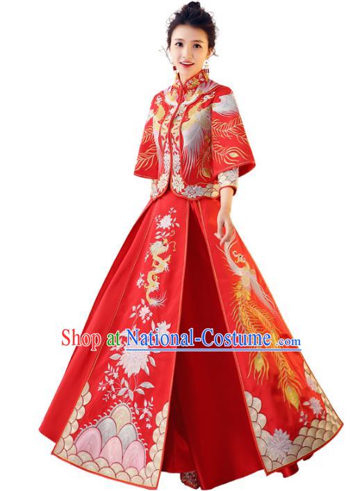 Chinese Traditional Wedding Toast Costume Ancient Bride Embroidered Xiuhe Suit Full Dress for Women