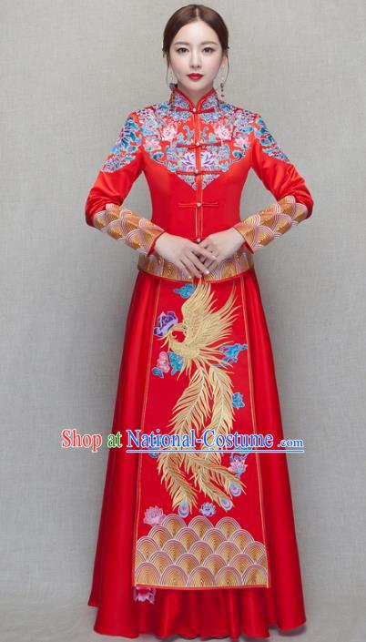 Chinese Traditional Wedding Bottom Drawer Ancient Bride Costume Embroidered Phoenix Xiuhe Suit Full Dress for Women