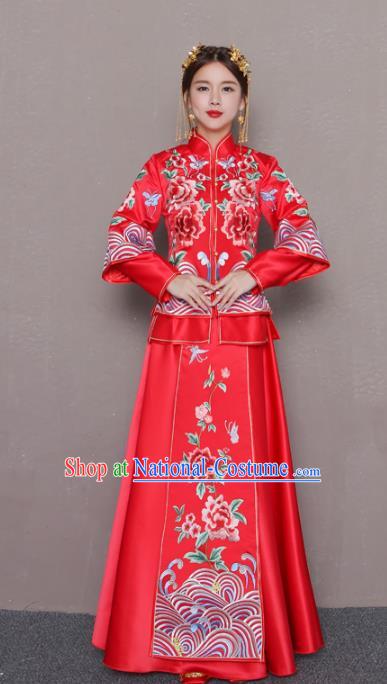 Chinese Traditional Wedding Bottom Drawer Ancient Bride Costume Embroidered Peony Xiuhe Suit Full Dress for Women