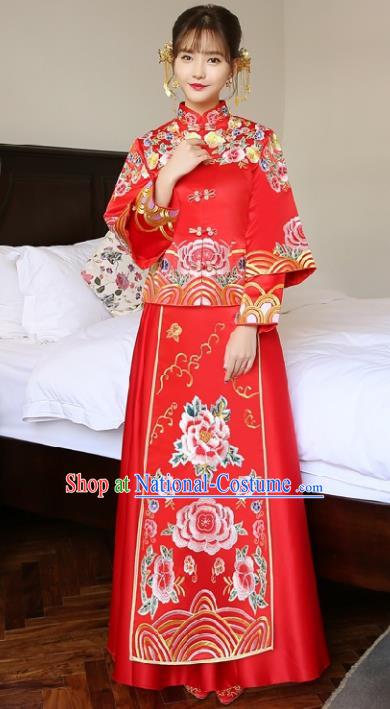 Chinese Traditional Wedding Bottom Drawer Ancient Bride Costume Embroidered Xiuhe Suit Red Full Dress for Women