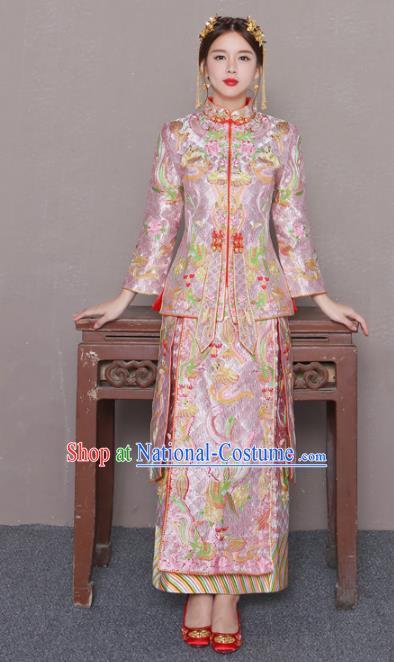 Chinese Traditional Wedding Bottom Drawer Ancient Bride Costume Embroidered Xiuhe Suit Pink Full Dress for Women