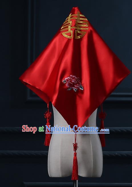 Chinese Traditional Handmade Wedding Embroidered Red Bridal Veil Xiuhe Suit Hair Accessories for Women