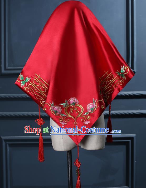 Chinese Traditional Handmade Wedding Embroidered Peony Red Bridal Veil Xiuhe Suit Hair Accessories for Women