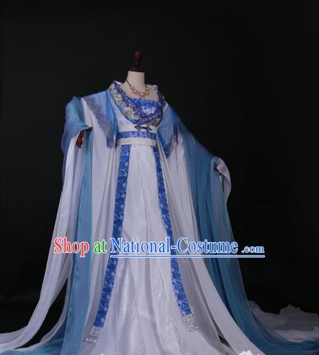 Traditional Chinese Princess Embroidered Costume Ancient Tang Dynasty Imperial Concubine Blue Hanfu Dress for Women