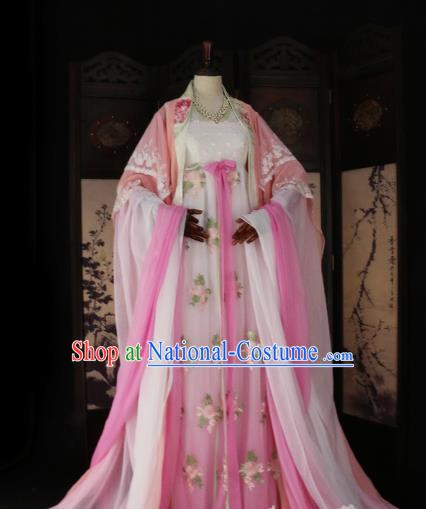 Chinese Ancient Imperial Concubine Pink Hanfu Dress Tang Dynasty Imperial Consort Embroidered Costume for Women