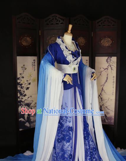 Chinese Ancient Cosplay Queen Blue Hanfu Dress Tang Dynasty Imperial Consort Embroidered Costume for Women